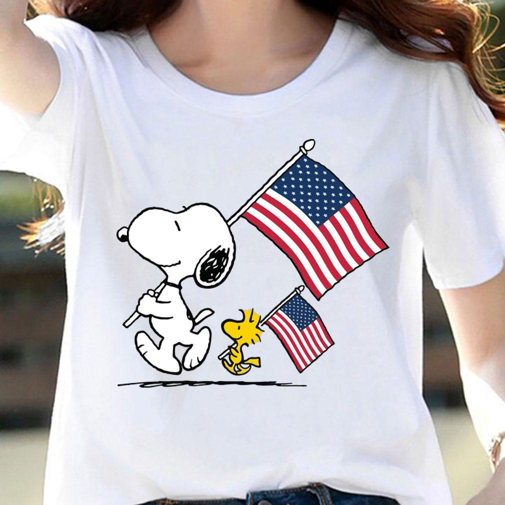 Snoopy and Woodstock holding American flag 4th of july t-shirt woman shirt