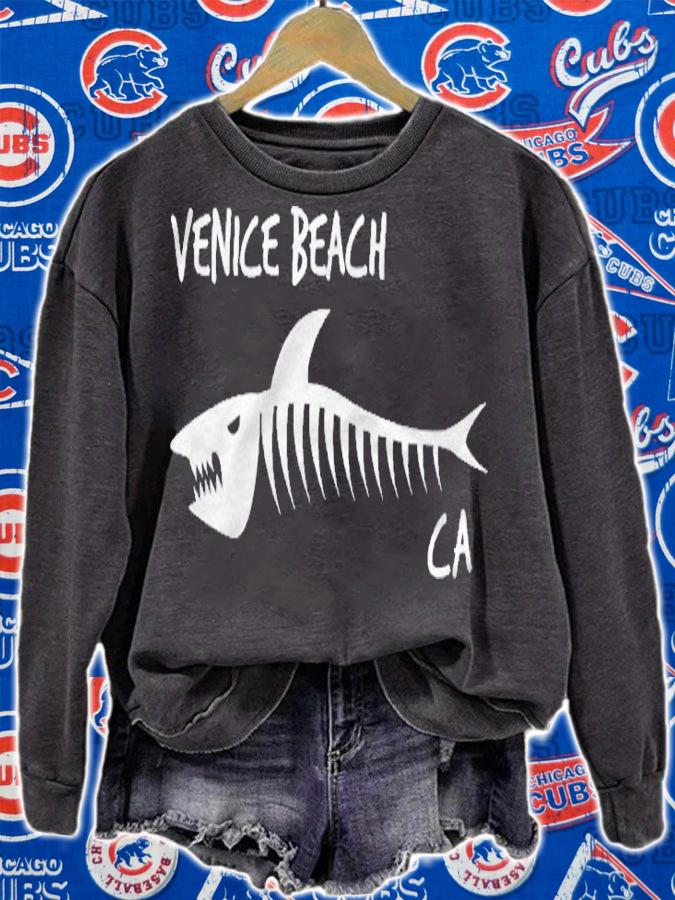 Venice Beach Ca California Shark Skeleton White Print Pullover Shirt sweatshirt