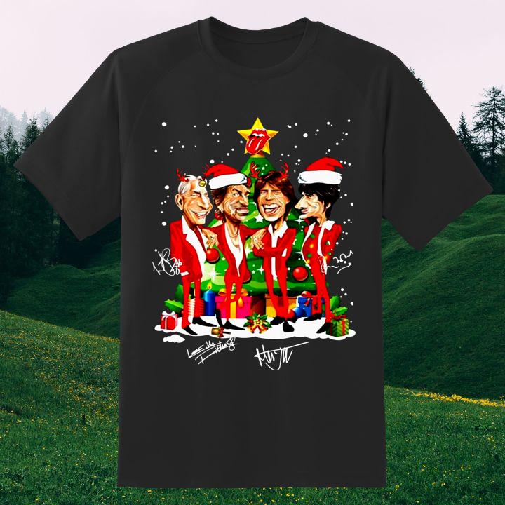 Rolling Stones Christmas Shirt - Band Member Cartoon & Signatures Tee