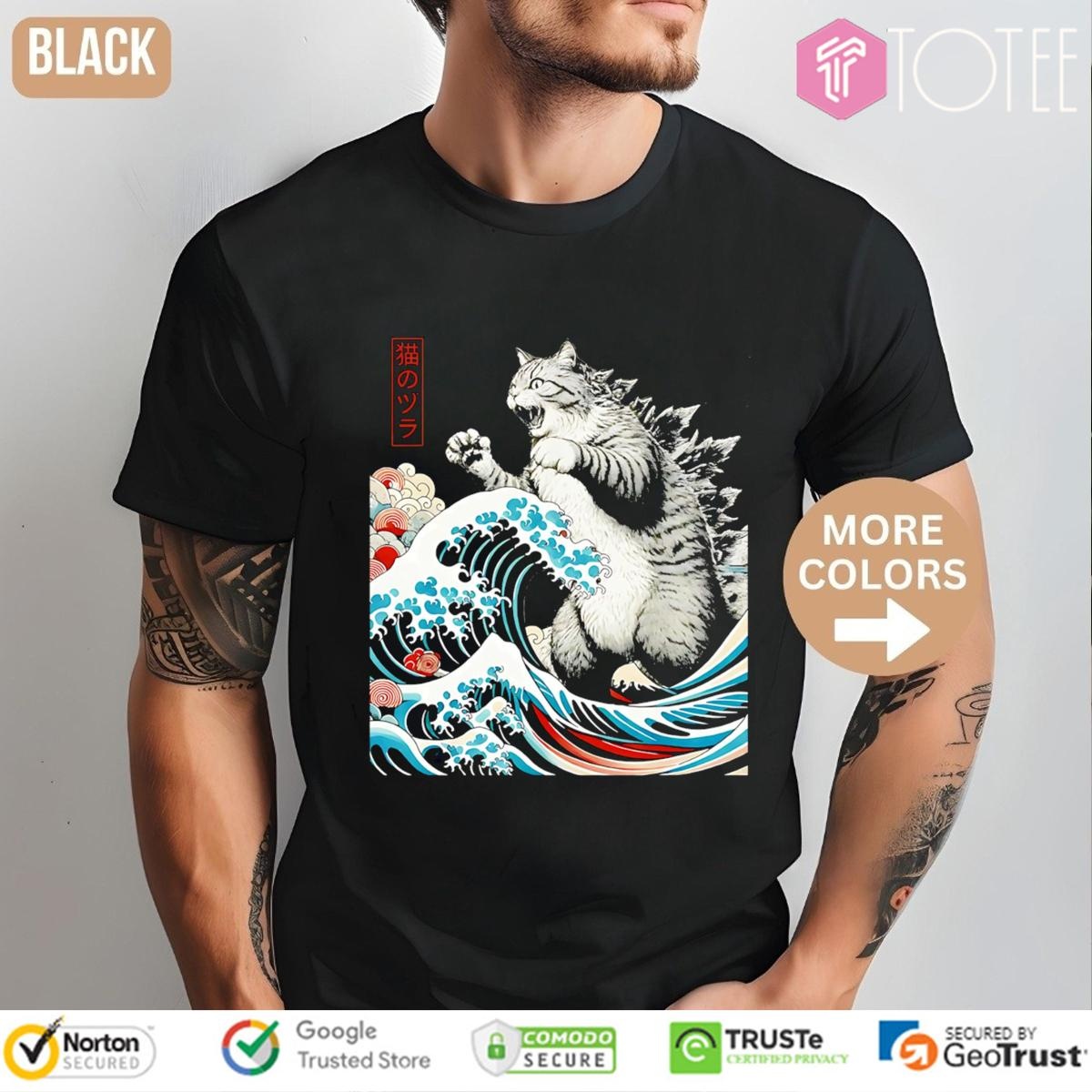 Catzilla Waves Ukiyo-E Parody Godzilla Cat T-shirt